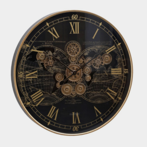 100cm Round Vasco Map Industrial moving cogs wall clock - Black w/Gold